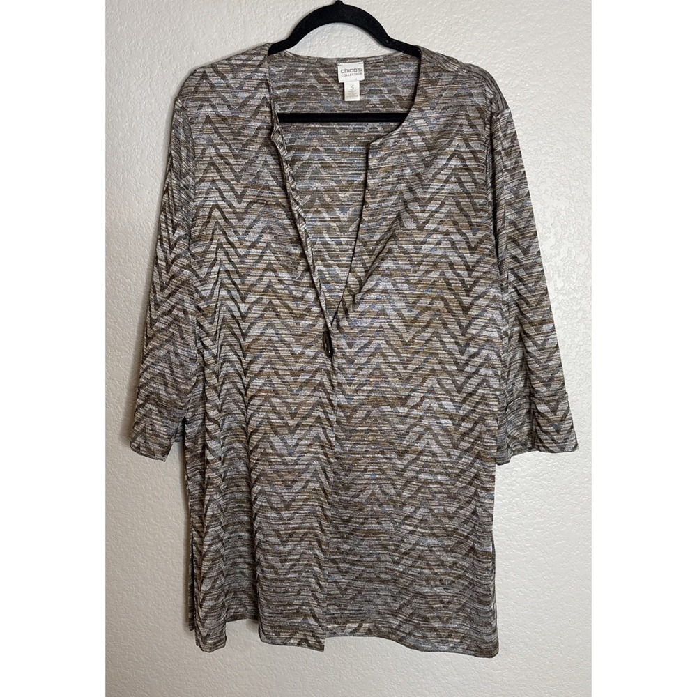 Chicos 3 US XL Brown Metallic Sheen‎ Chevron Knit Sweater Cardigan Preppy Travel